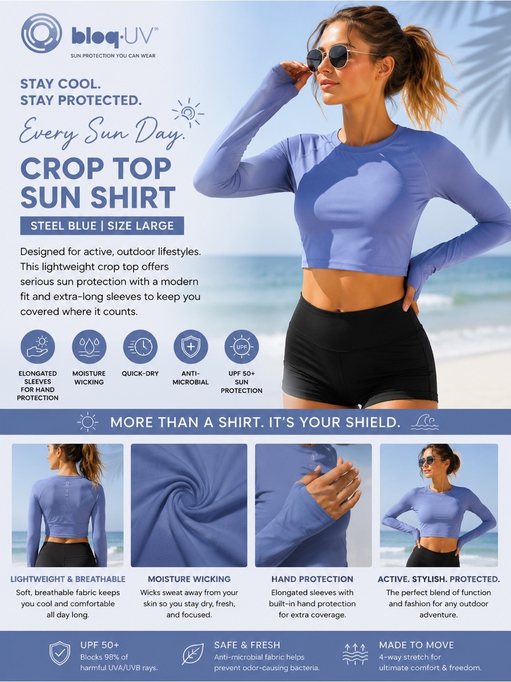 Bloq-UV Steel Blue Crop Top Sun Shirt - Women's Long Sleeve